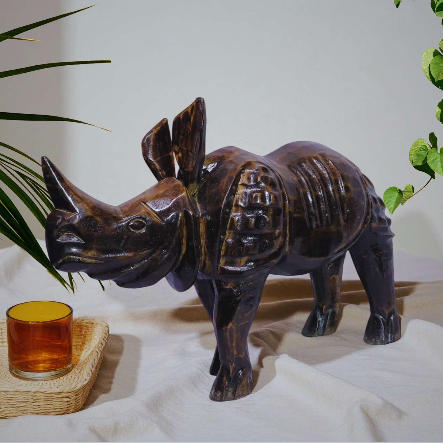 Armored Wooden Handmade Rhino Sculpture