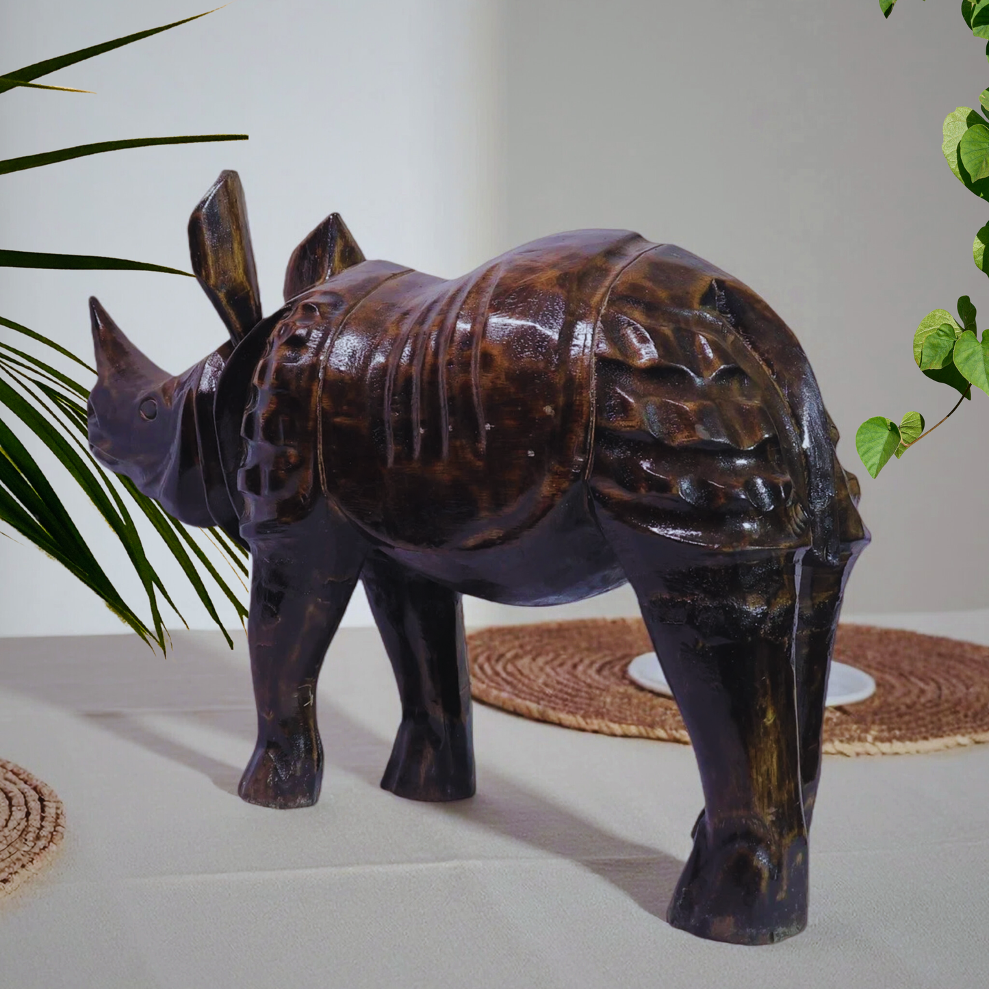 Armored Wooden Handmade Rhino Sculpture