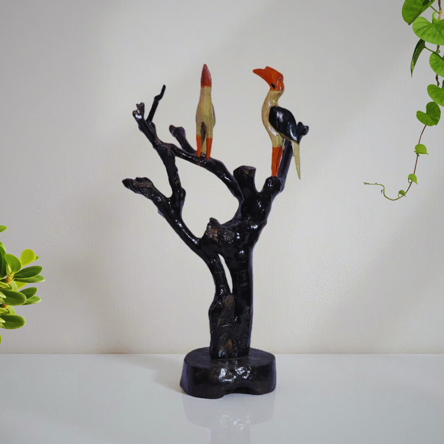 Handcrafted Wooden Twin Birds on Tree Decor