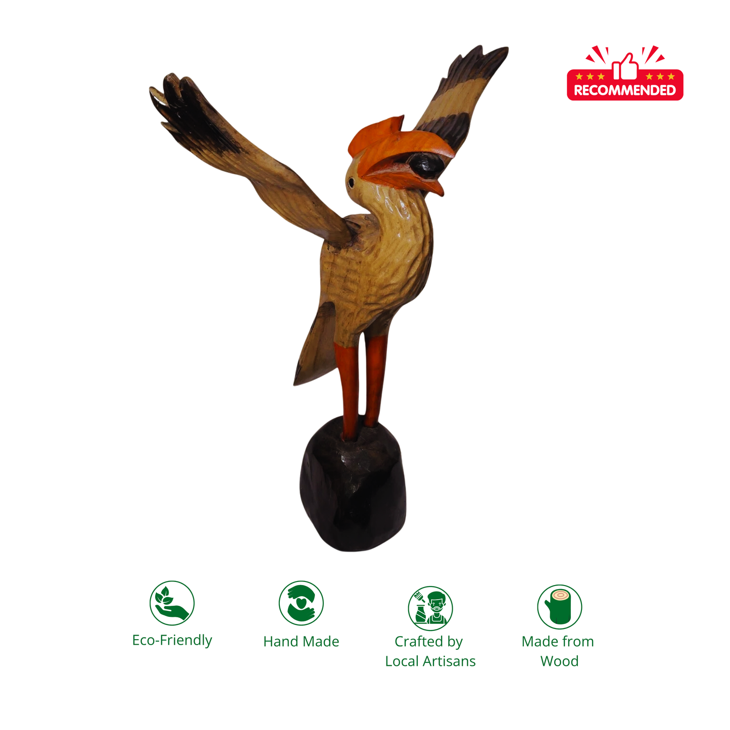 Handcrafted Wooden Winged Hornbill Figurine