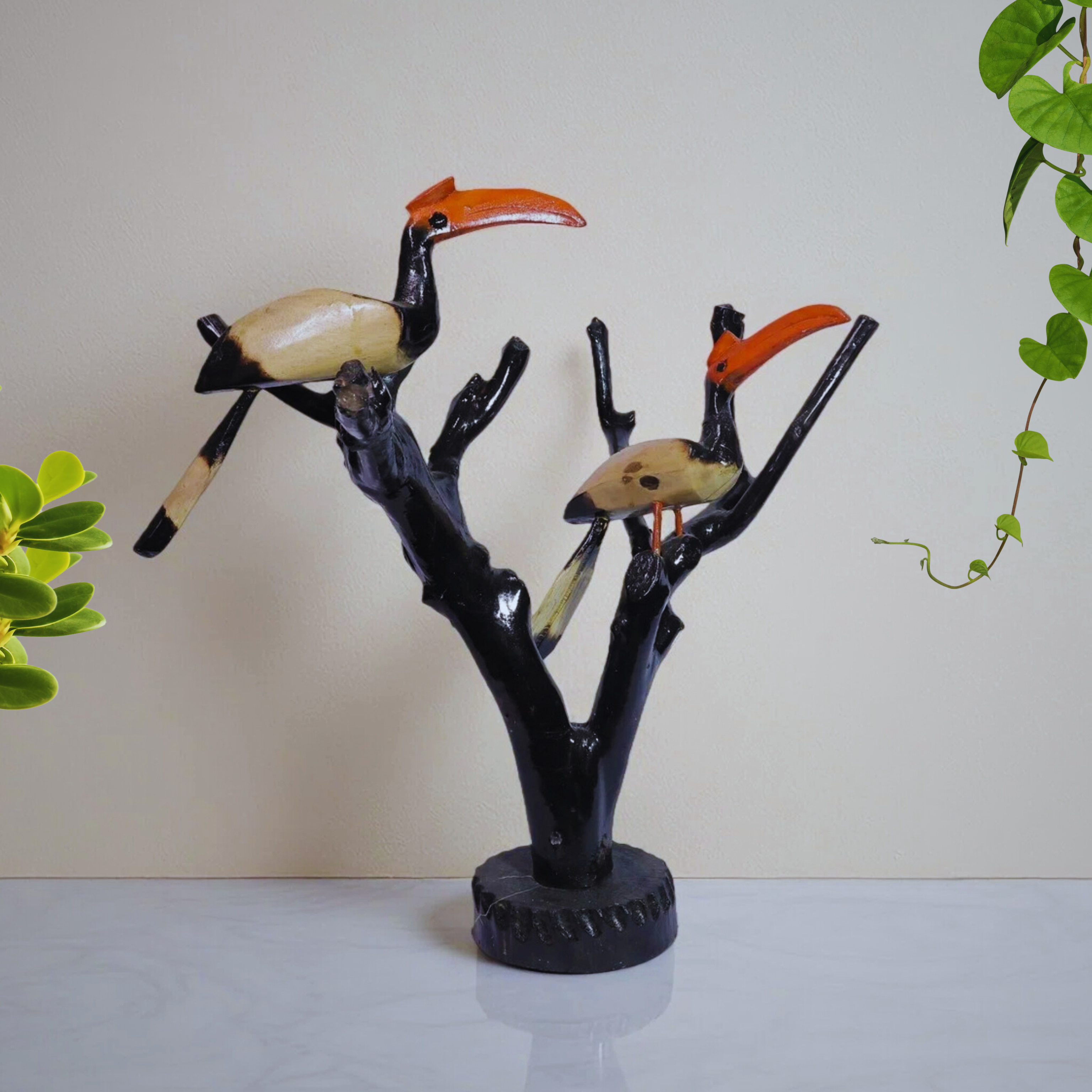 Handcrafted Wooden Twin Birds on Tree
