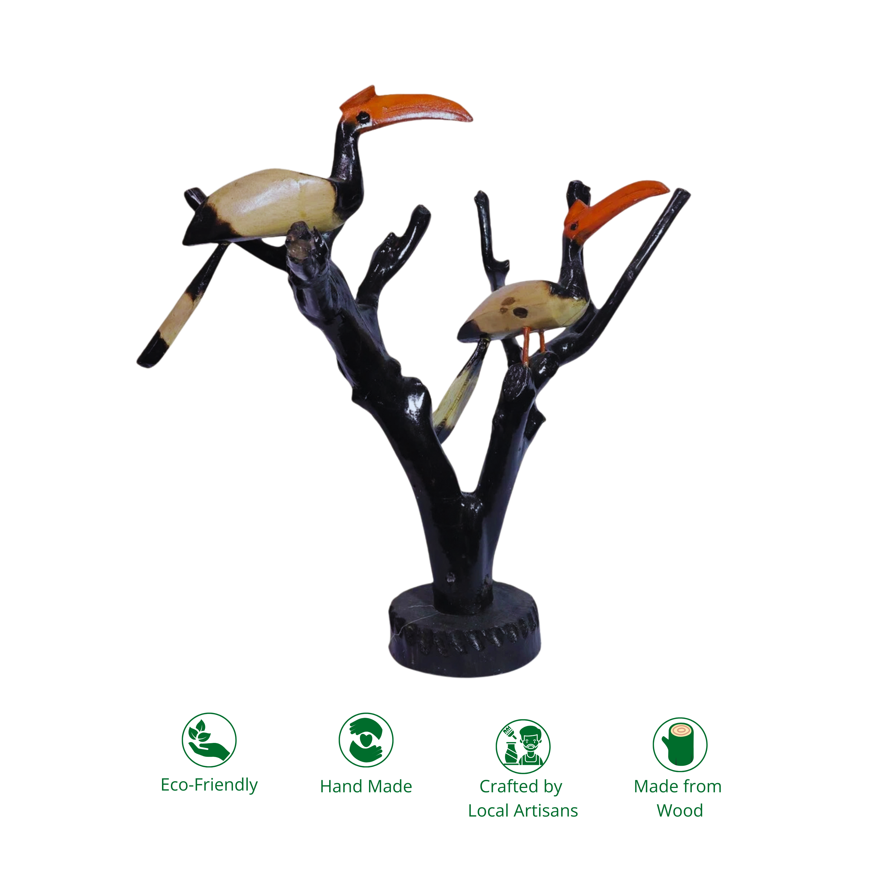 Handcrafted Wooden Twin Birds on Tree